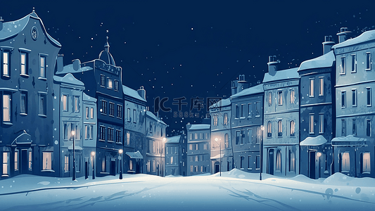 下雪建筑背景图片_卡通房子外面大雪白色屋顶夜色中