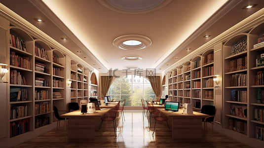 图书馆设计中书房的 3D 渲染