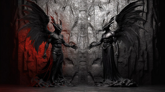 翅膀背景图片_黑暗而炽热的恶魔及其恶魔翅膀的 3D 插图