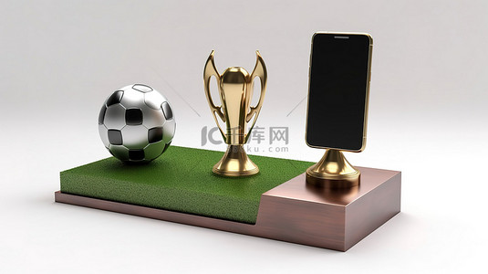 手机足球背景图片_智能手机屏幕上的 3d 足球场和白色背景上的两个青铜足球杯