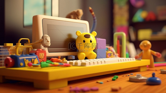 游戏桌子背景图片_创新的游戏室环境 3D 插图，配有电脑屏幕键盘和学习材料