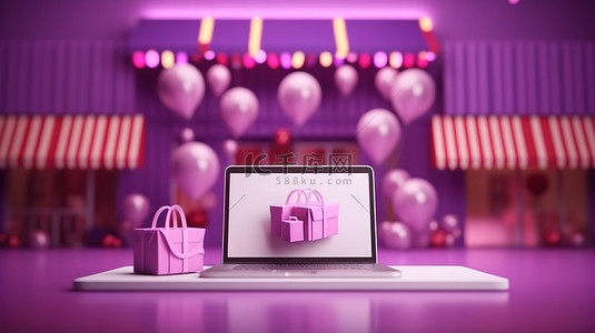 笔记本电脑在线购物商店紫色背景大促销标志的数字营销推广 3D 渲染