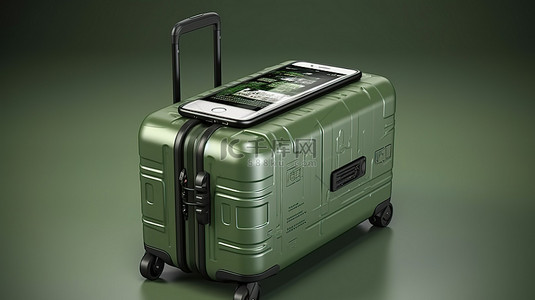 在智能手机上扫描二维码的旅游和旅行绿色手提箱的 3D 渲染
