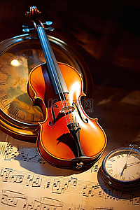 拉小提琴背景图片_用时钟和乐谱在蓝光下拉小提琴