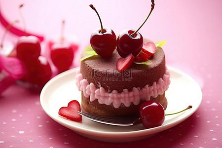 心形蛋糕配樱桃浪漫甜点