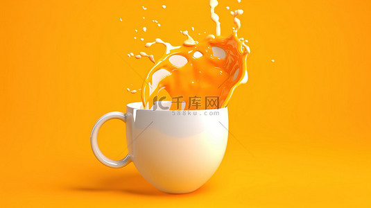将新鲜橙汁倒入充满活力的橙色背景 3d 渲染上的白色杯子中