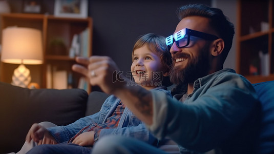快乐的留着胡子的爸爸和他可爱的儿子一起享受电视，他们都戴着 3D 眼镜