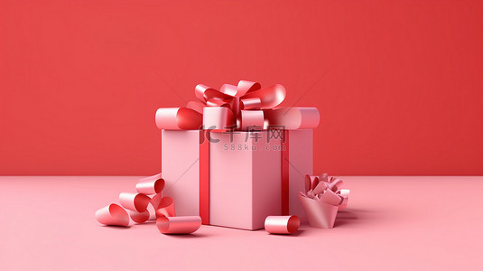 活动红丝带背景图片_生日快乐庆祝活动打开粉红色背景上带有红丝带的礼品盒 3D 插图