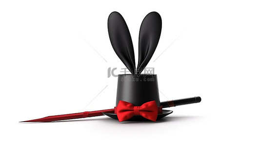 魔术舞台背景背景图片_黑色高顶帽子，带红丝带魔杖和兔子耳朵在白色背景上弹出 3D 渲染