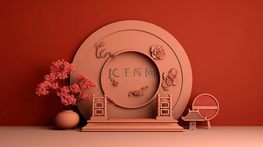 中国设计背景图片_3D 渲染背景与中国设计，用于节日产品演示和贺卡