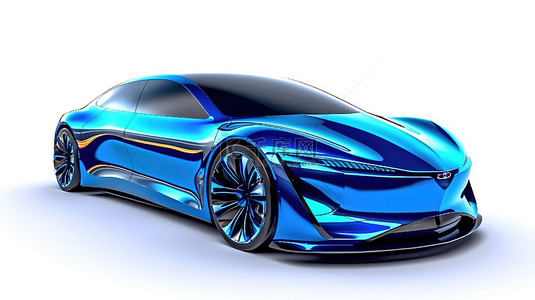 白色背景蓝色环保运动轿跑车概念车，采用插电式混合动力技术 3D 渲染