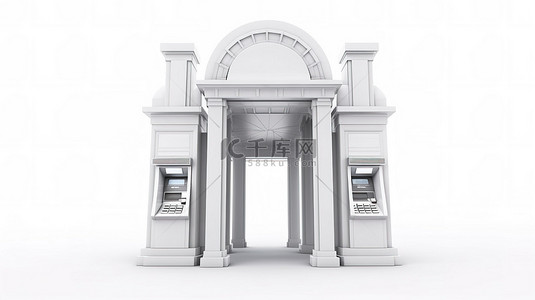 银行柜员背景图片_白色背景下内置银行大楼的现金 ATM 机的 3D 渲染