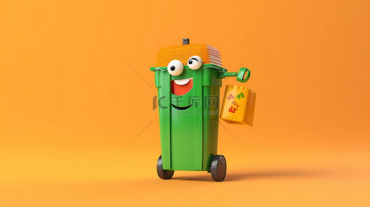绿色垃圾箱角色吉祥物的 3D 渲染，其特点是回收标志和充满活力的黄色背景上的橙色旅行箱