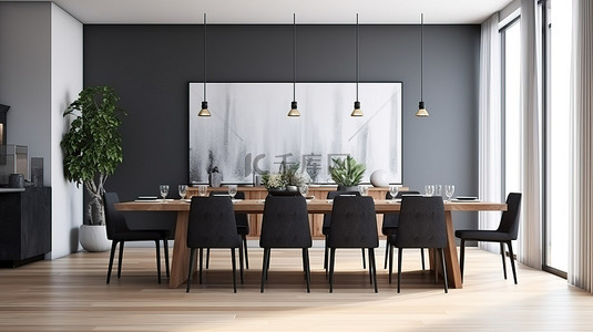 家居背景图片_现代餐厅的 3D 渲染，配有长桌和八把椅子，配有样机海报