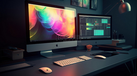 软件背景图片_具有图形设计软件的计算机桌面的数字工作室 3d 渲染