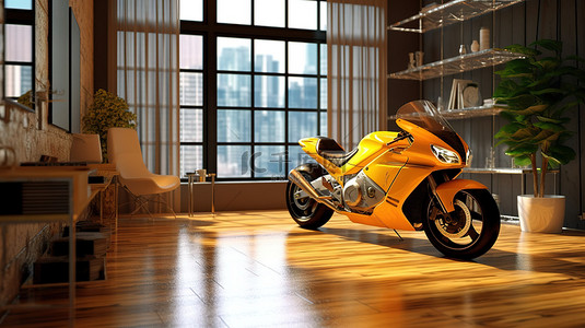 茶几桌背景图片_放置在客厅内的摩托车的 3D 渲染