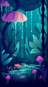 森林雨背景图片_彩色蘑菇雨中森林灌木丛雨珠自然风景