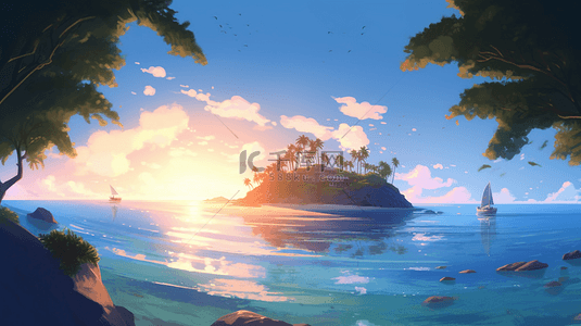 海背景图片_阳光岛屿早上的日出海洋自然风景