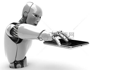 智能科技背景图片_3d 插图隔离机器人手的白色背景，空白屏幕拿着手机