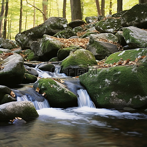 林中背景图片_森林中的大岩石沿着一条淡红色的溪流