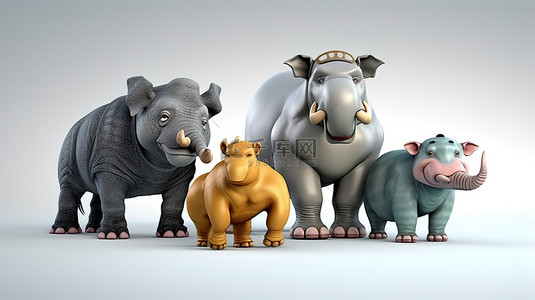 运动河马犀牛大象和大猩猩的雕刻 3D 插图