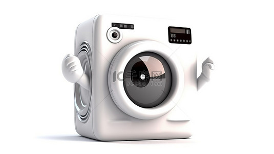 家庭合影背景背景图片_当代白色洗衣机吉祥物在简单的背景 3D 插图上与先进的数码相机合影