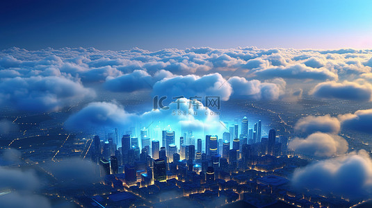 具有云连接的高科技城市景观的 3D 渲染