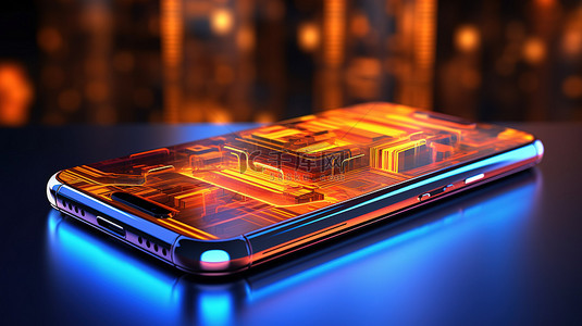 3D 渲染现代科技背景，蓝色和橙色的灯光照亮手机