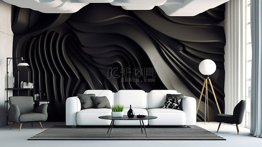 现代客厅设计，采用 3D 创建的时尚黑白墙壁