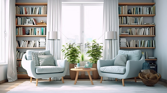 舒适的客厅配有令人放松的扶手椅和 3D 描绘的书架
