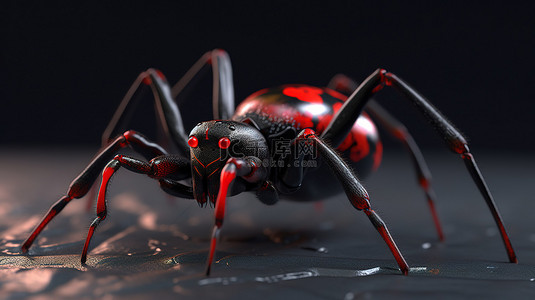 看昆虫背景图片_红皮黑蜘蛛是万圣节和恐怖设计的完美补充 从侧面看 3D 插图