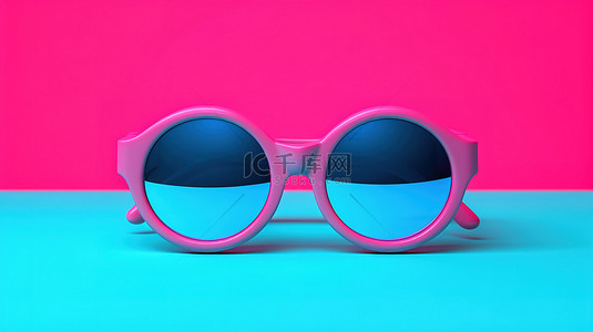 粉色背景上带有蓝色圆形顶视图的浮雕 3D 眼镜的简约工作室拍摄