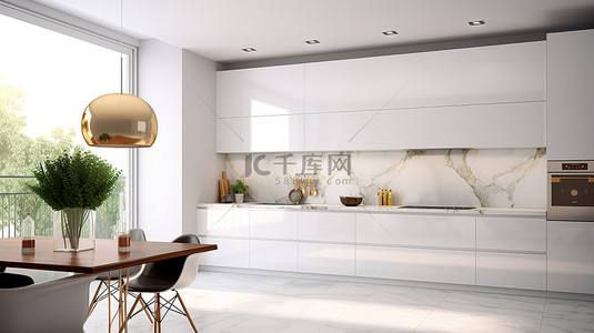 时尚现代的白色厨柜，带有 3D 渲染大理石装饰