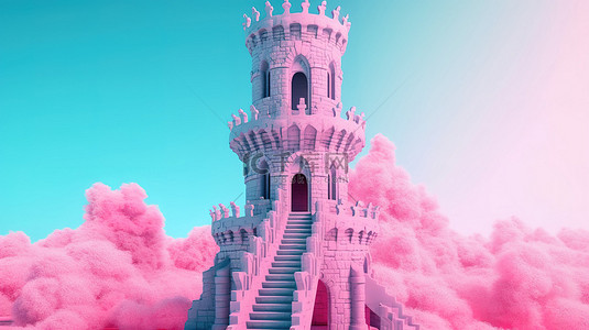 童话城背景图片_粉红色背景，带有双色调蓝色城堡塔楼，带有 3D 渲染的内部梯子