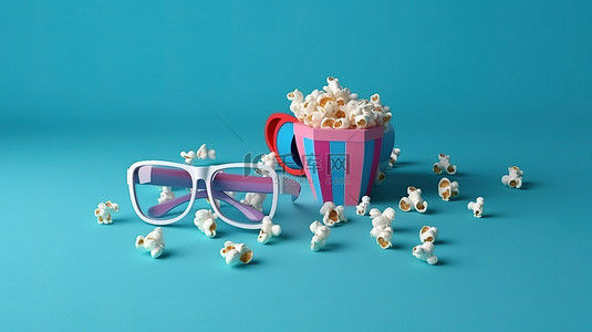 3d看电影背景图片_3D 电影体验一次性浮雕纸眼镜爆米花和电视遥控器在蓝色和粉色表面上从上方观看