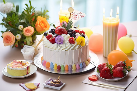 蛋糕和其他食品放在生日快乐卡旁边