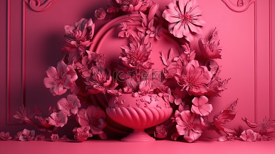 粉红色背景上的奢华花卉 3D 渲染
