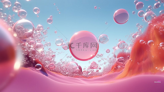深海泡泡背景图片_粉红色背景下水下气泡的 3D 渲染