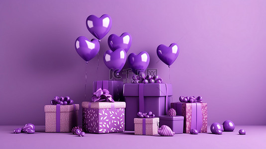 紫色主题情人节背景的 3D 渲染，配有爱心气球和礼品盒