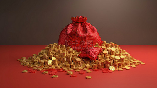 红色钱袋的 3d 渲染与一堆金色比特币