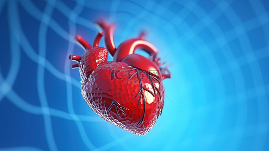 3d 渲染医疗设计红色性感心脏与蓝色背景上的心电图