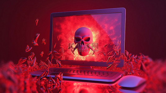 谨防恶意软件引人注目的符号，描绘计算机被黑客攻击的错误概念 3d 渲染