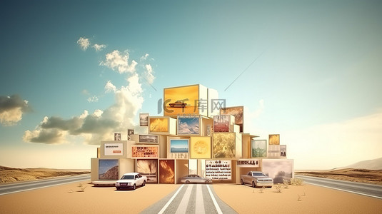 独立的立方体广告，以风景优美的公路旅行和度假的 3D 插图为特色