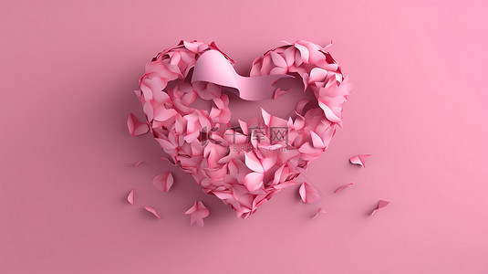 热销爆款标签背景图片_粉红丝带在粉红色背景上形成心形的 3D 插图，以提高乳腺癌意识