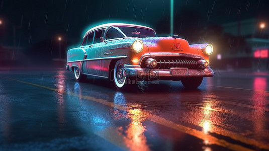 车音背景图片_带霓虹灯气雾和雨的复古汽车湿沥青上夜间颜色反射的 3D 插图