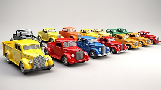 充满活力的 3D 儿童汽车模型，包括一系列赛车消防车复古游乐设施和敞篷车