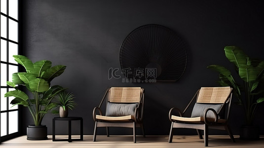 简约的室内黑墙背景，空旷的空间 3D 渲染中配有木椅和风扇