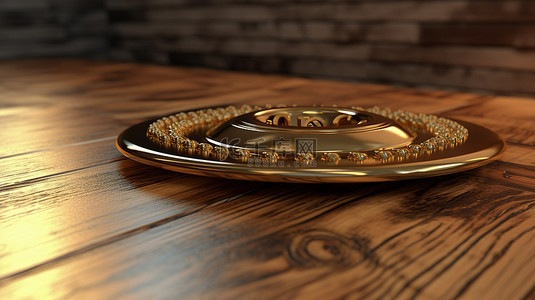 带有金色联系我们板的木桌的 3D 渲染