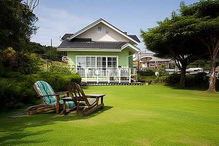 韩国古建筑手绘背景图片_院子里的房子有草坪木制甲板和躺椅