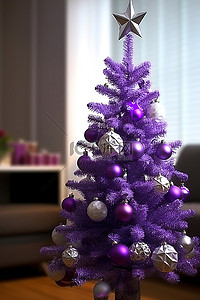 客厅里的紫色圣诞树